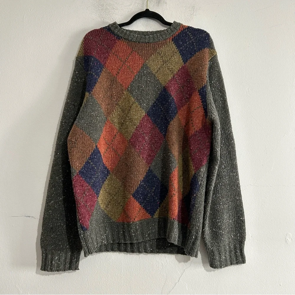 Jos A Bank Multicolor Argyle Lambswool Blend Knit Sweater Large Grandpa Art Deco